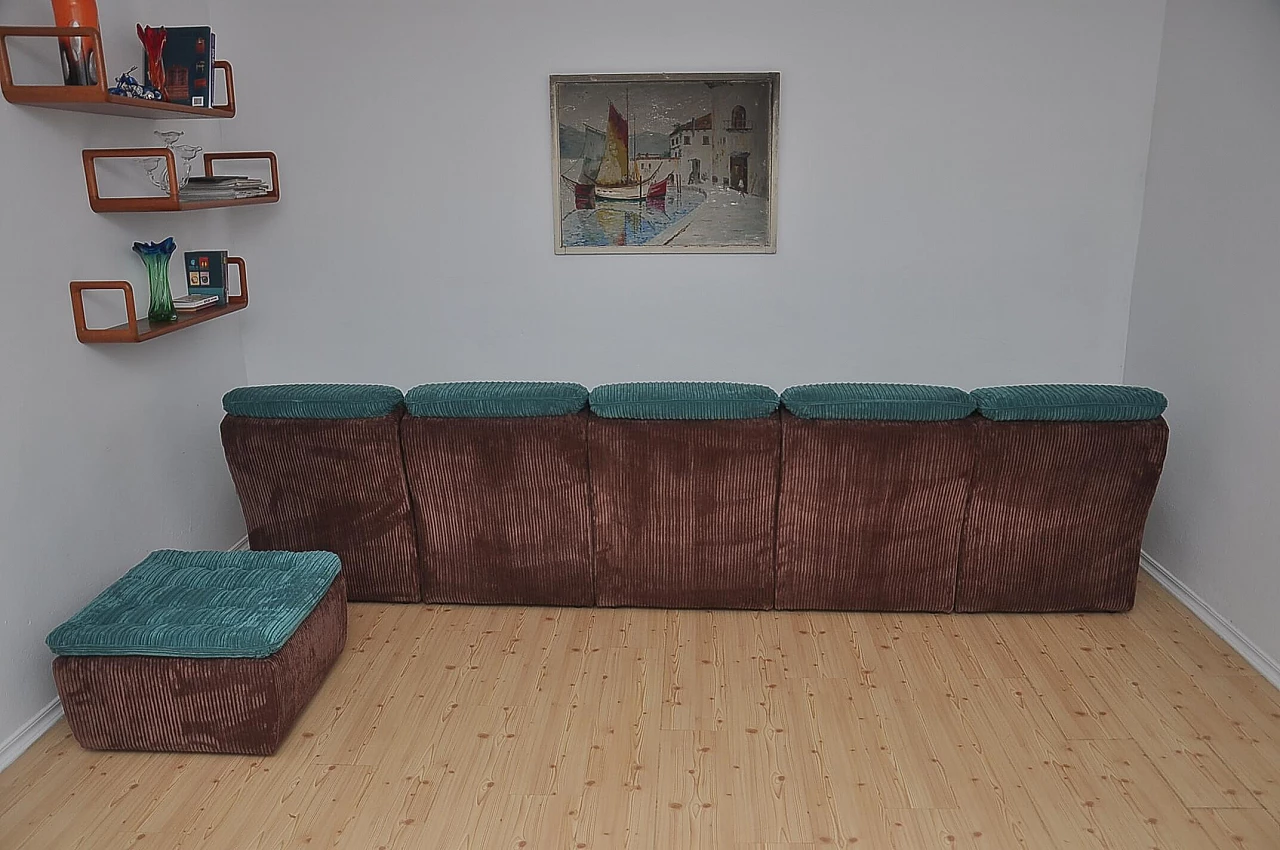 Modular sofa and ottoman in brown and turquoise corduroy, 1970s 5