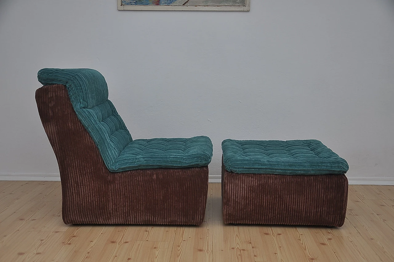 Modular sofa and ottoman in brown and turquoise corduroy, 1970s 6