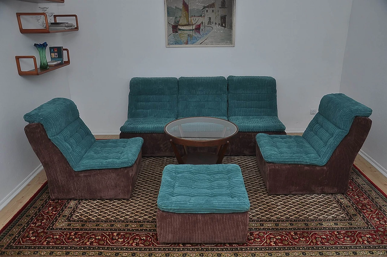 Modular sofa and ottoman in brown and turquoise corduroy, 1970s 8