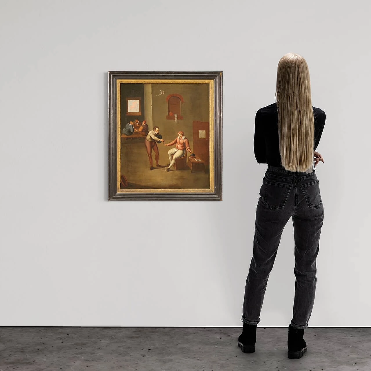 Flemish painting of tavern interior, oil on canvas, late 17th century 1