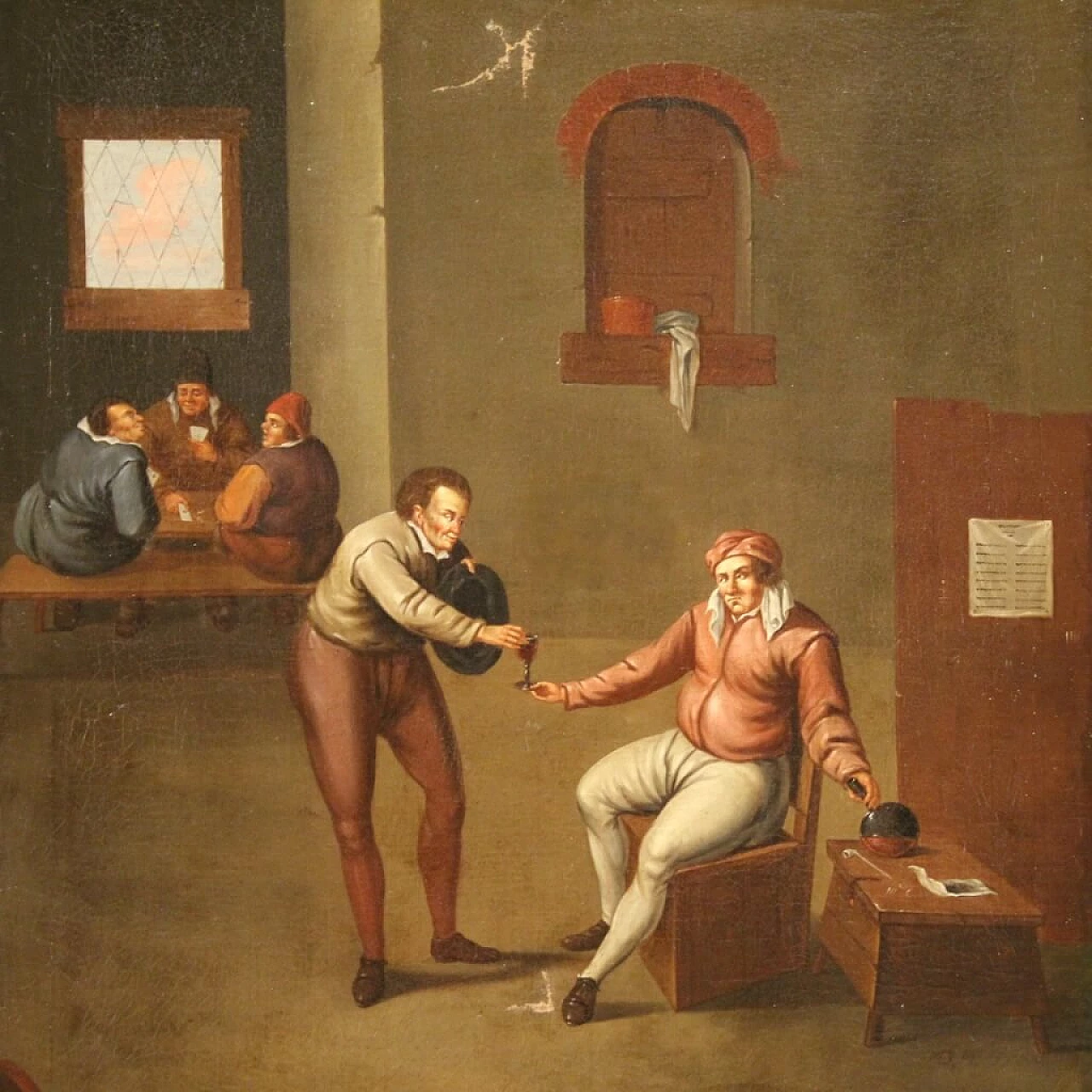 Flemish painting of tavern interior, oil on canvas, late 17th century 5