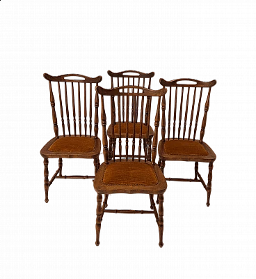 4 Colonial style chairs in solid national walnut and velvet
