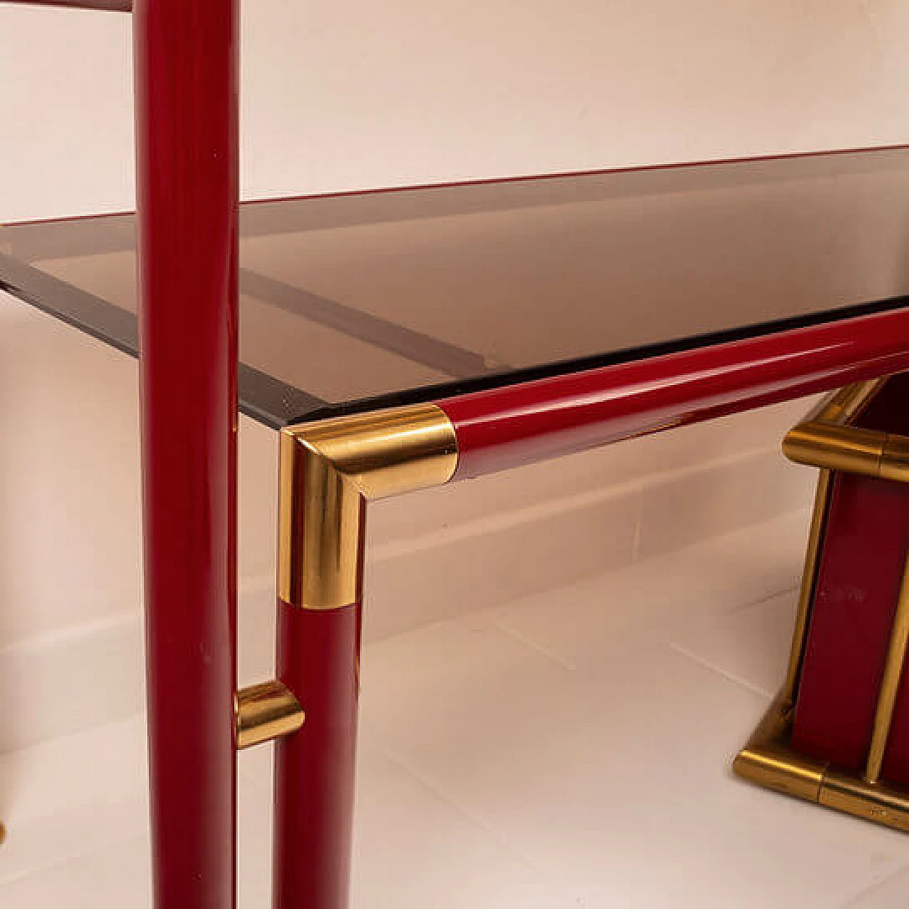 Console table with mirror in steel, brass and smoked glass, 1970s 1