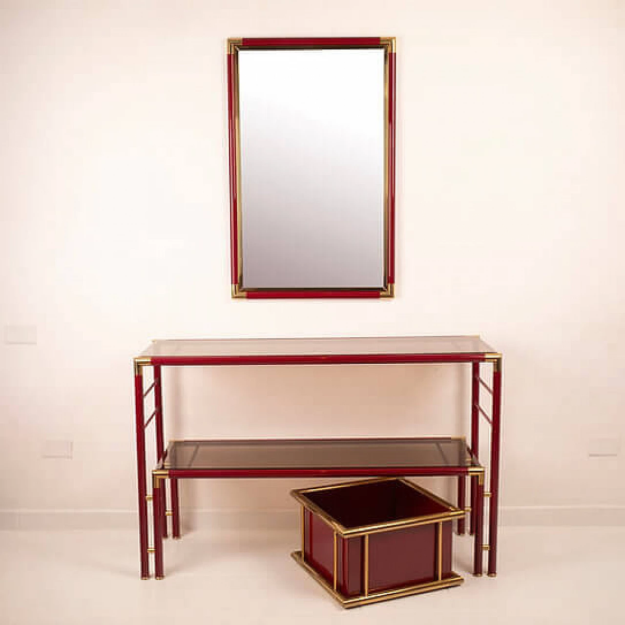 Console table with mirror in steel, brass and smoked glass, 1970s 2