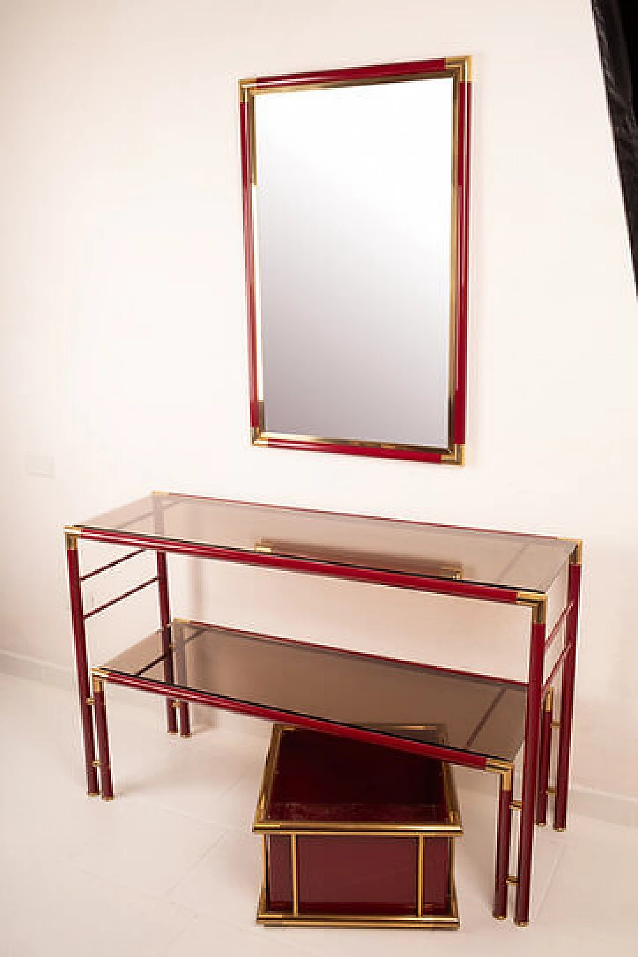 Console table with mirror in steel, brass and smoked glass, 1970s 3