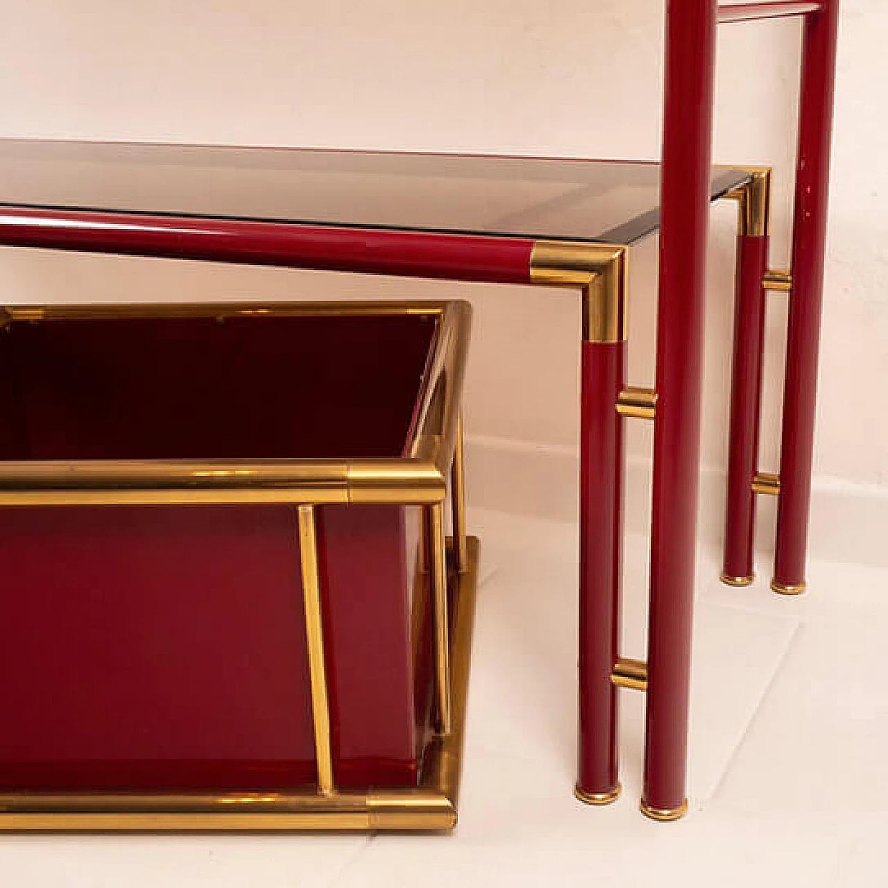 Console table with mirror in steel, brass and smoked glass, 1970s 4