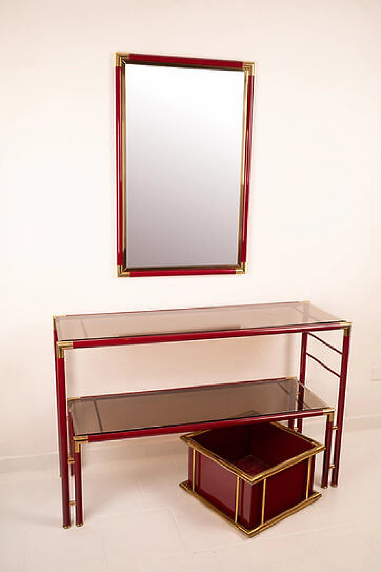 Console table with mirror in steel, brass and smoked glass, 1970s 5