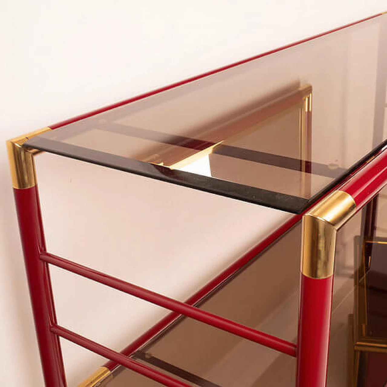 Console table with mirror in steel, brass and smoked glass, 1970s 6