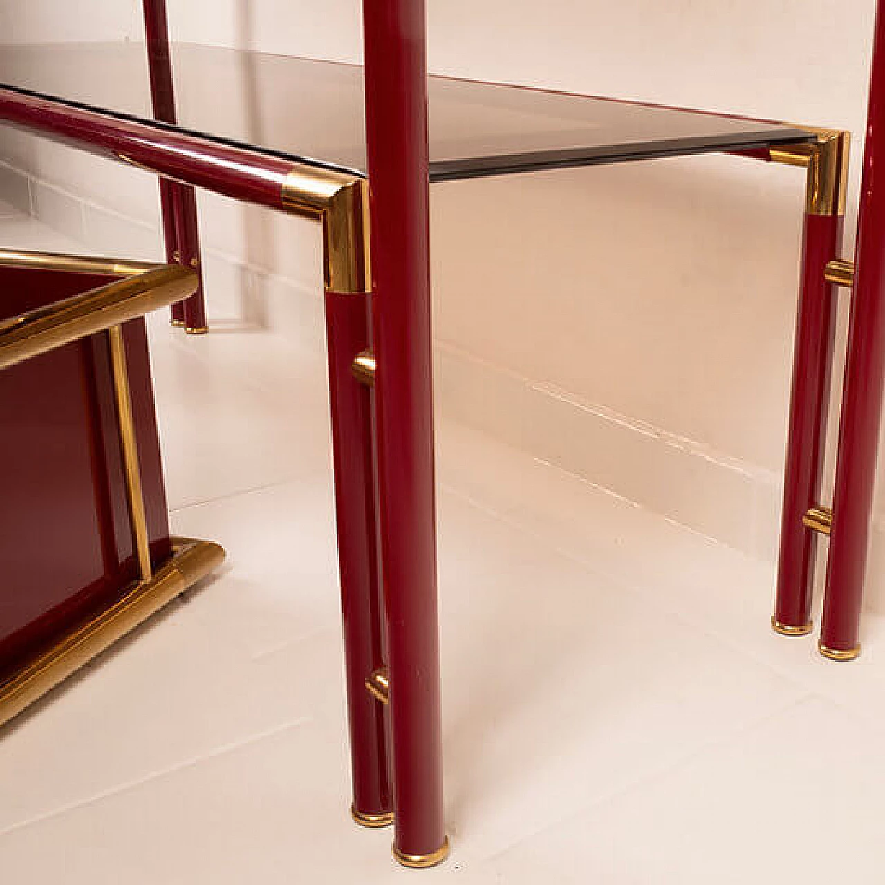 Console table with mirror in steel, brass and smoked glass, 1970s 8
