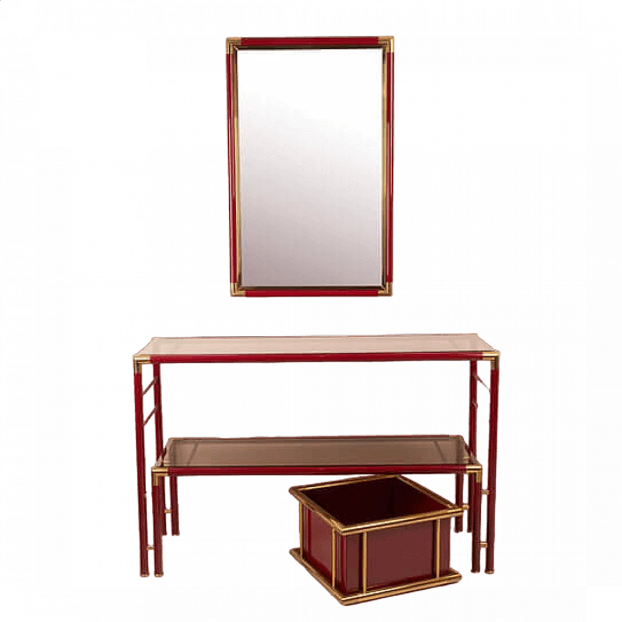Console table with mirror in steel, brass and smoked glass, 1970s 10