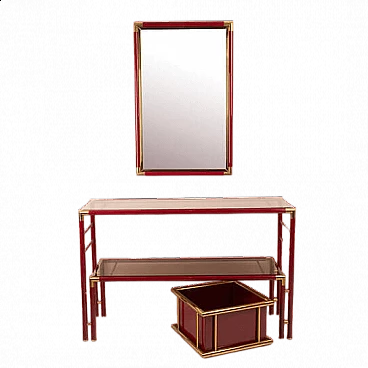 Console table with mirror in steel, brass and smoked glass, 1970s