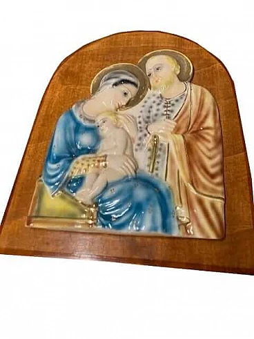 Majolica plaque with Holy Family by M.I.C.A. Sesto Fiorentino, 1940s