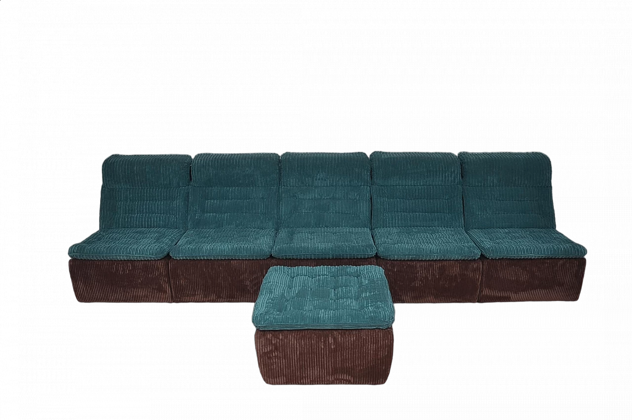 Modular sofa and ottoman in brown and turquoise corduroy, 1970s 9