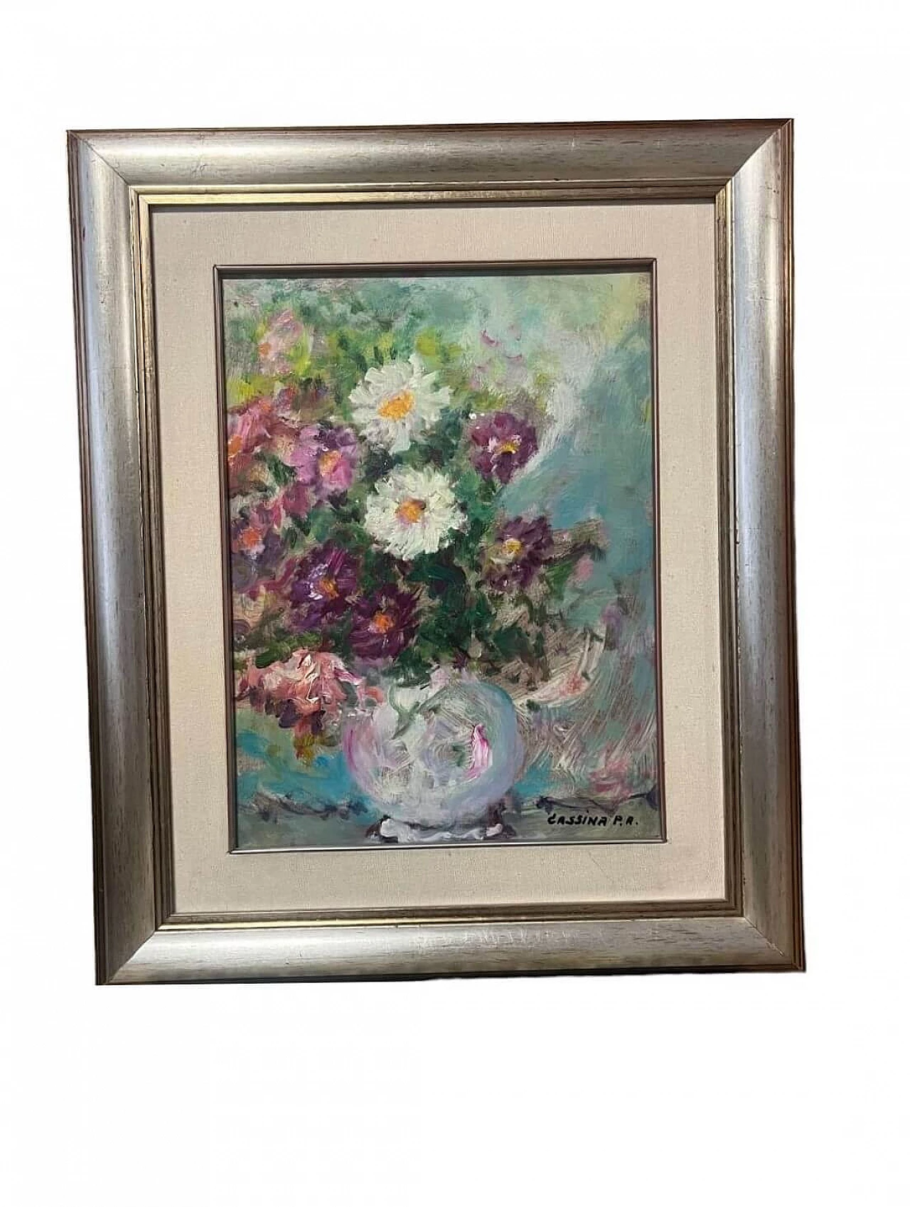 Pietro Augusto Cassina, vaso di fiori, dipinto a olio su masonite, anni '70 8