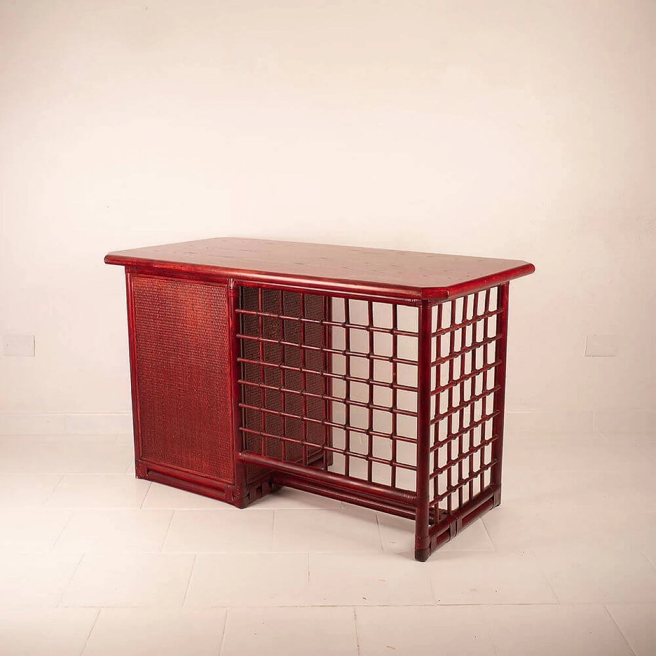 Rattan and leather desk with solid wood top by Italo Gasparucci, 1970s 1