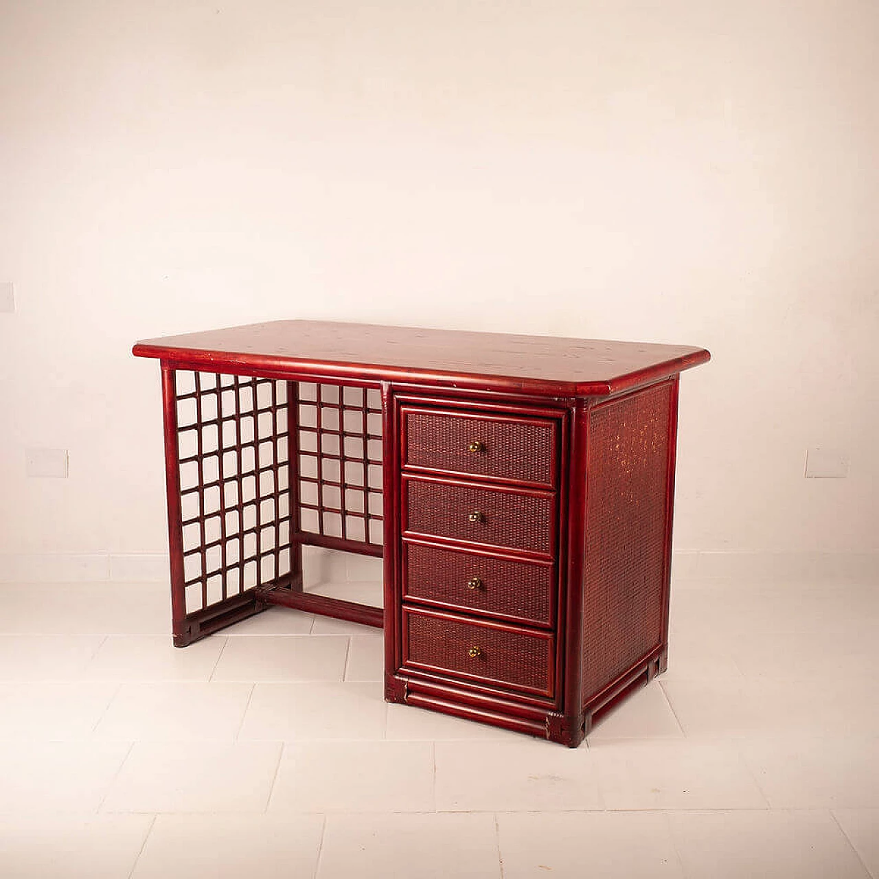 Rattan and leather desk with solid wood top by Italo Gasparucci, 1970s 3