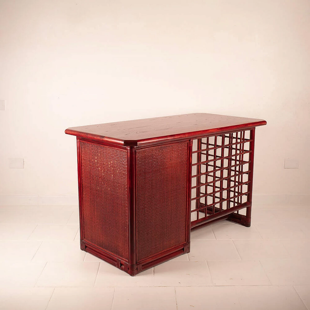 Rattan and leather desk with solid wood top by Italo Gasparucci, 1970s 7