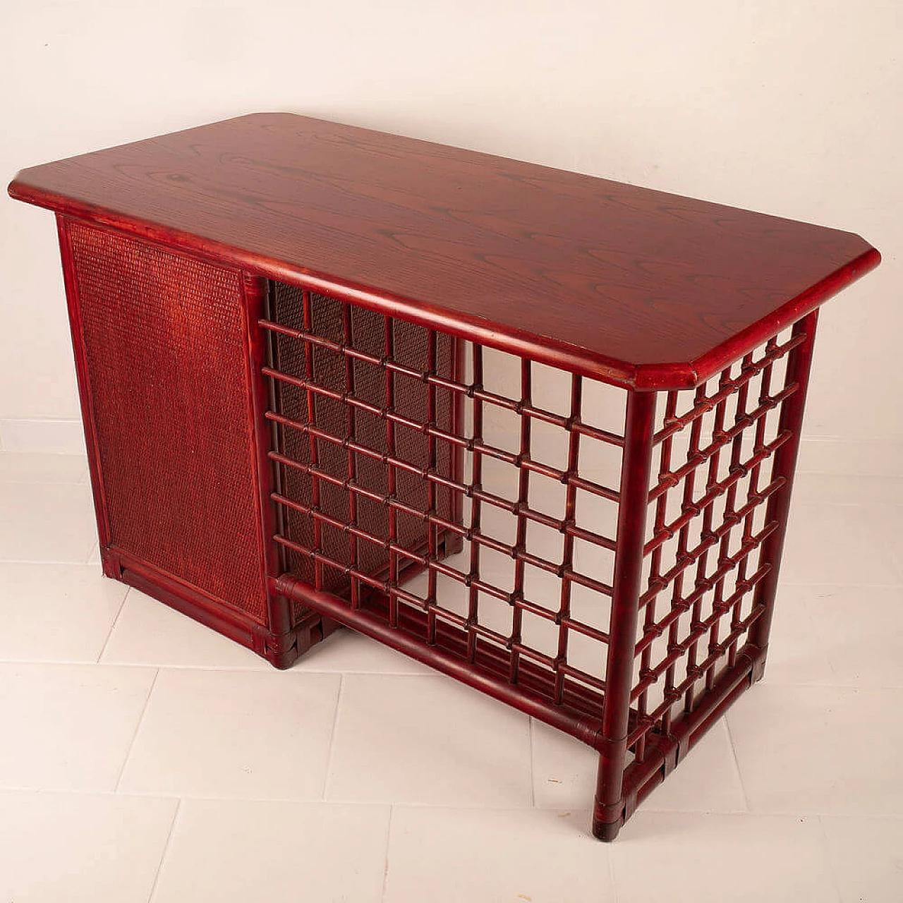 Rattan and leather desk with solid wood top by Italo Gasparucci, 1970s 10