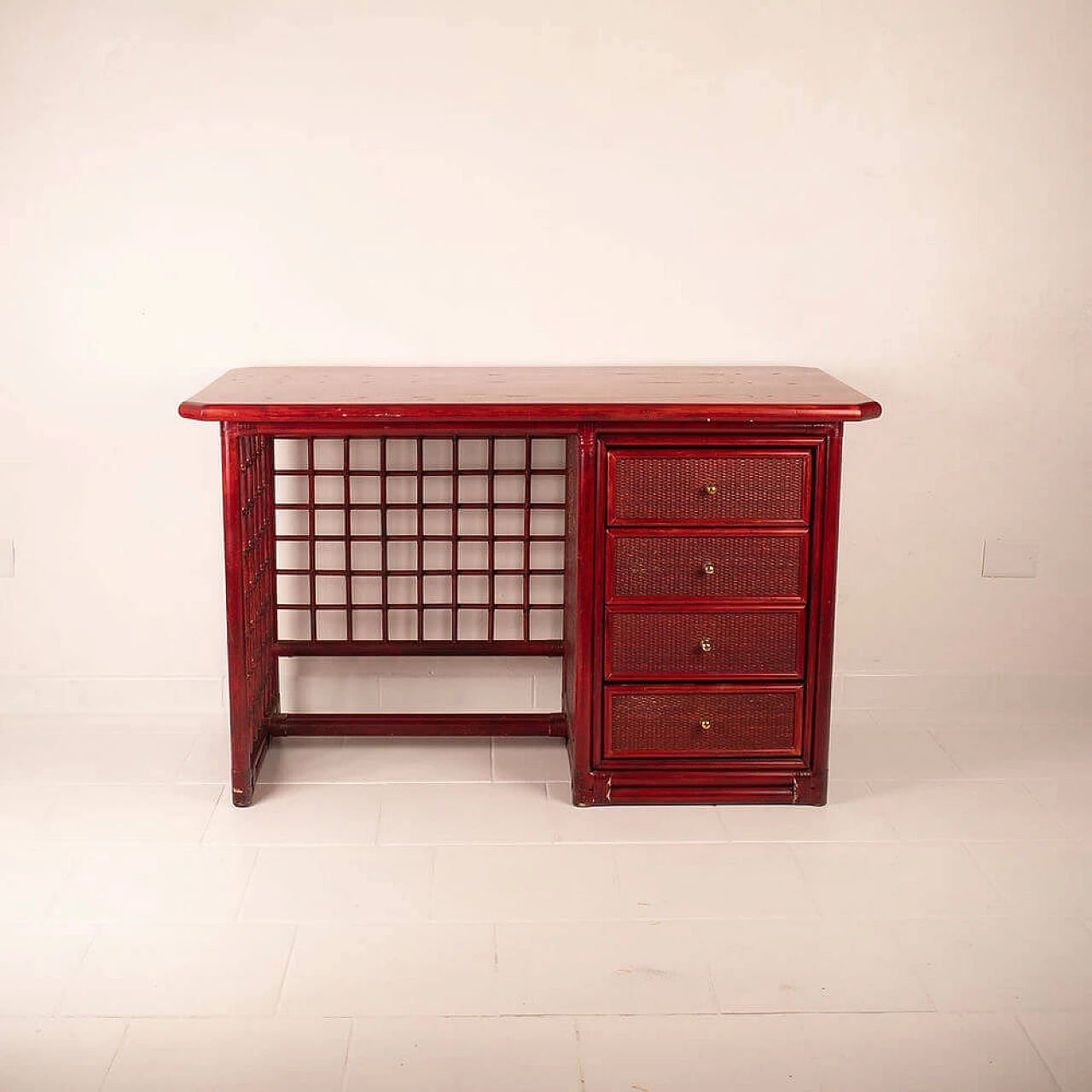 Rattan and leather desk with solid wood top by Italo Gasparucci, 1970s 11