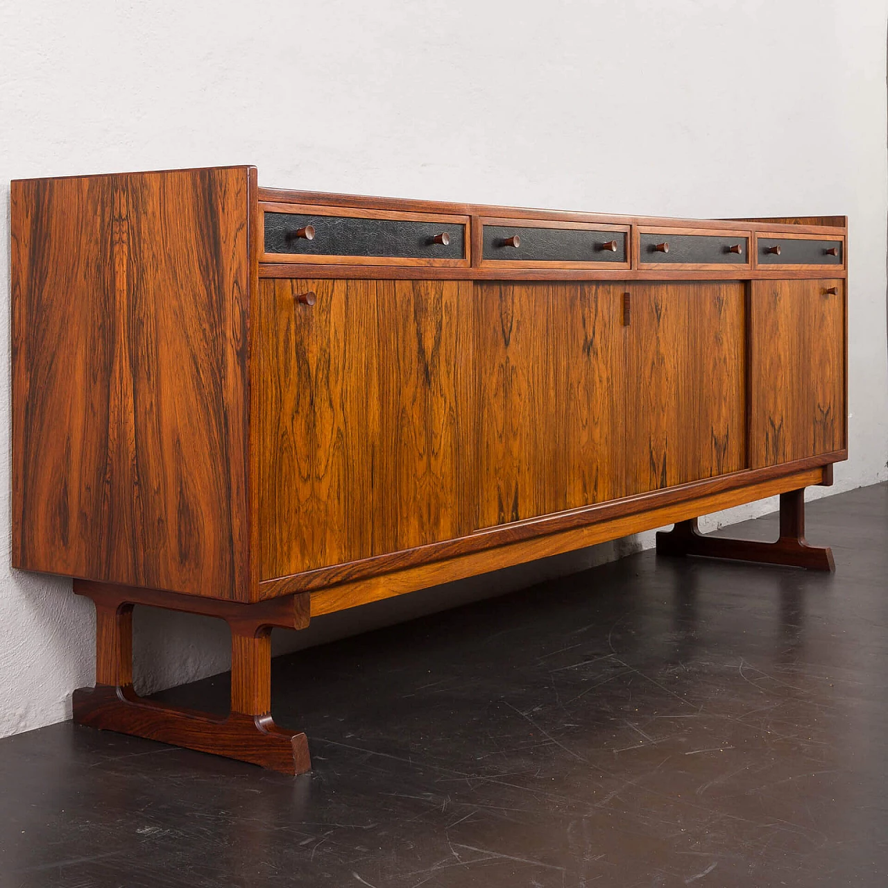 Danish rosewood sideboard with black leather details, 1960s 12