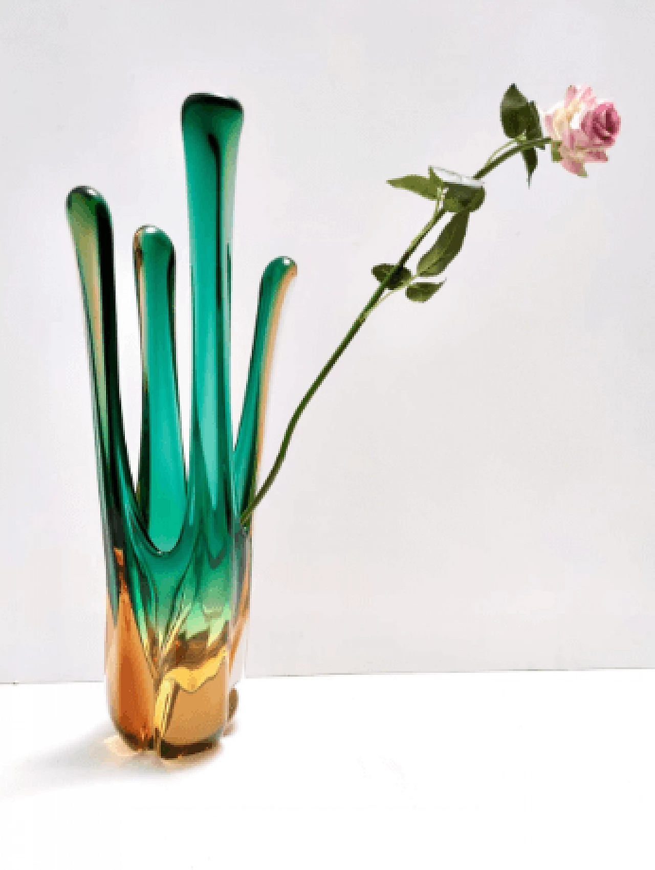 Vaso centrotavola in vetro di Murano verde e ambrato, anni '60 2