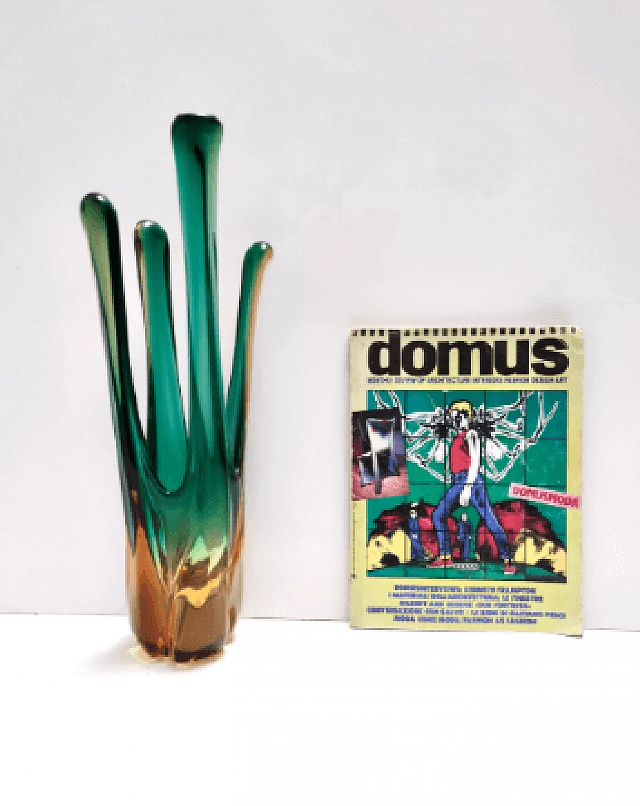 Vaso centrotavola in vetro di Murano verde e ambrato, anni '60 3