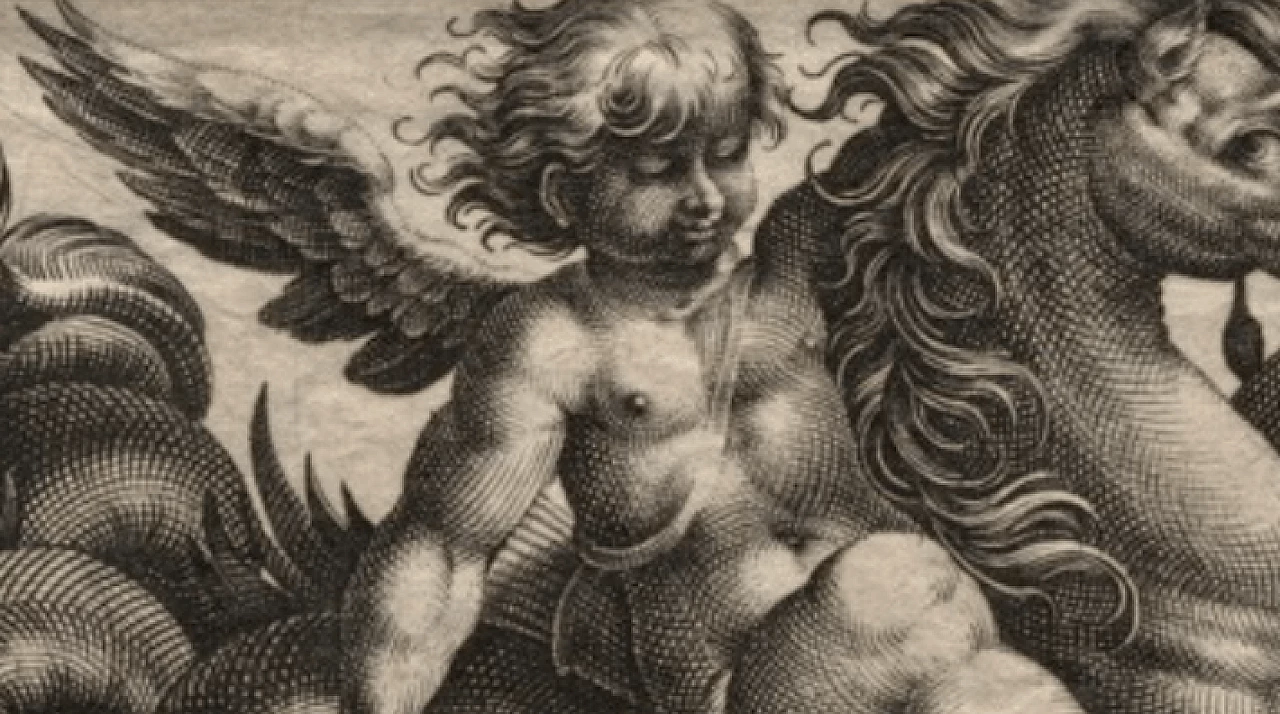 Giovanni Andrea Maglioli, putto and sea horse, burin engraving, late 16th century 2