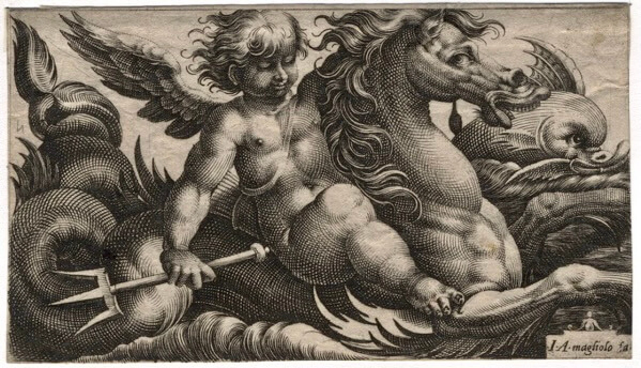 Giovanni Andrea Maglioli, putto and sea horse, burin engraving, late 16th century 3