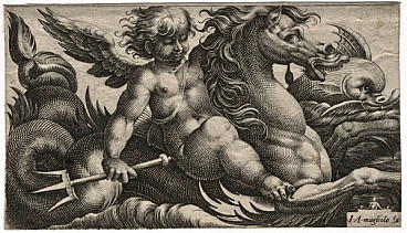 Giovanni Andrea Maglioli, putto e cavallo marino, incisione a bulino, fine '500