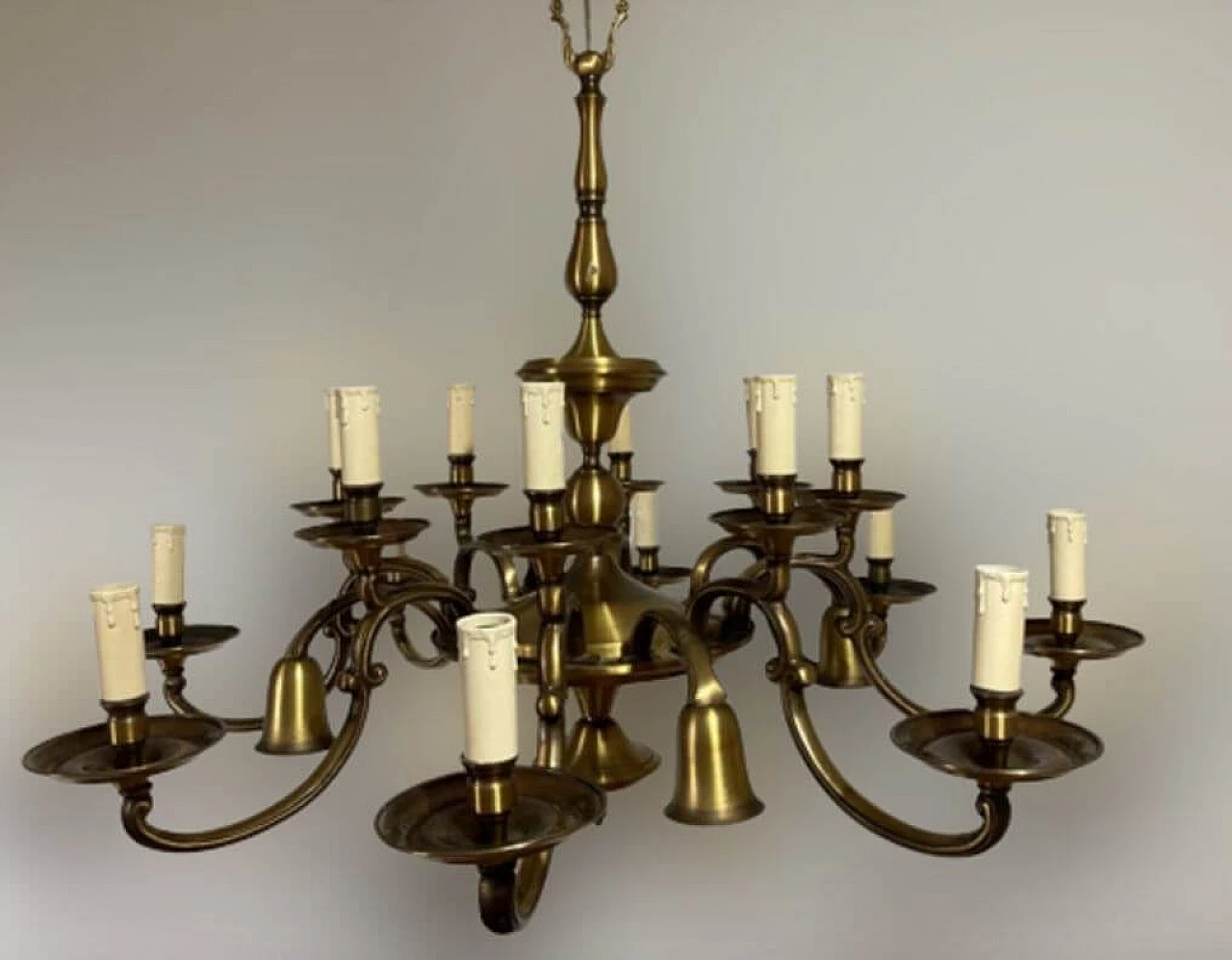Lampadario a venti luci in ottone e bronzo, anni '50 2