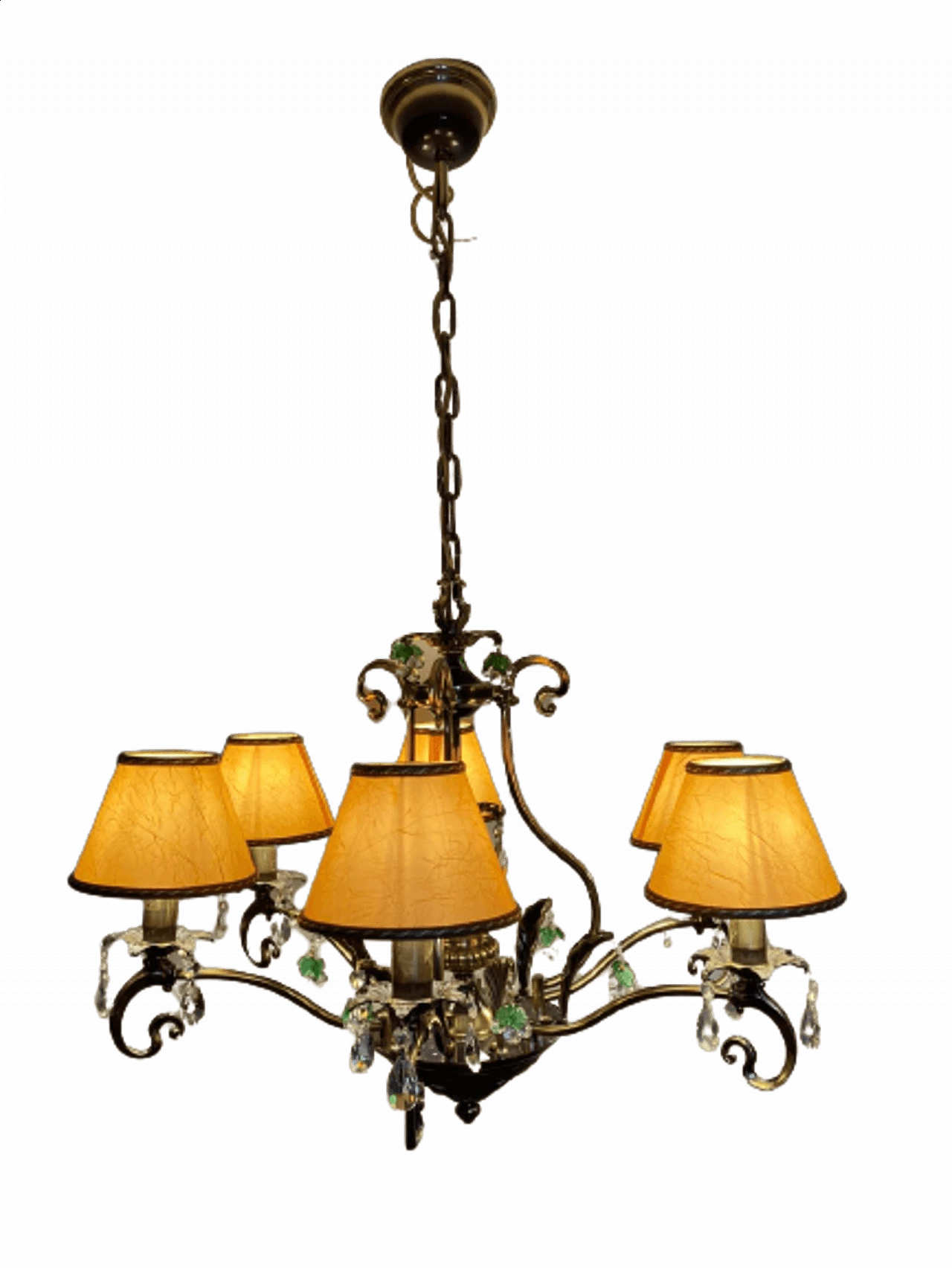 Lampadario in ottone e bronzo con pendenti in cristallo in stile Liberty, anni '90 1