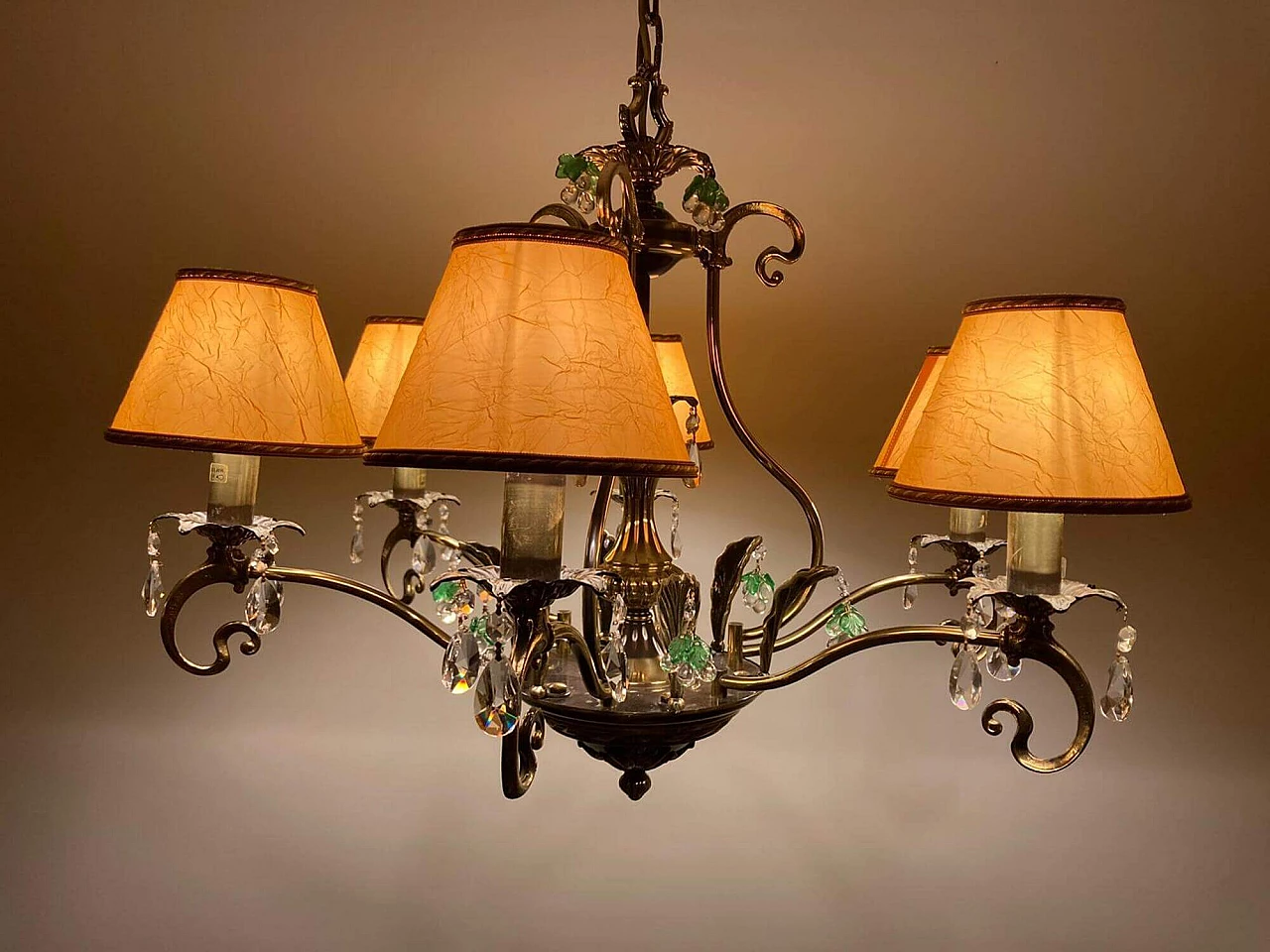 Lampadario in ottone e bronzo con pendenti in cristallo in stile Liberty, anni '90 3