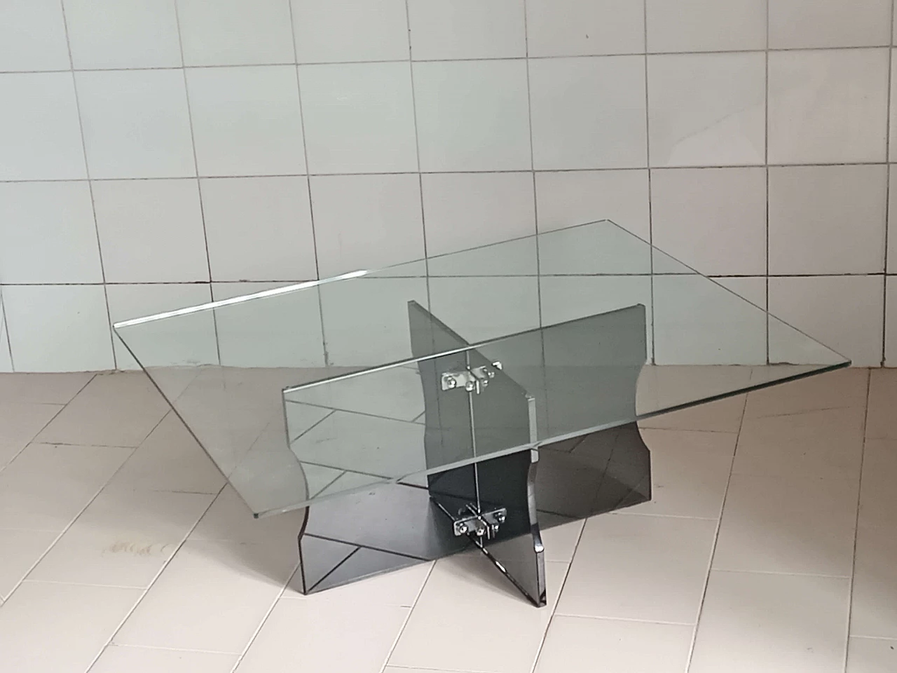 Glass coffee table with smoked blue base, 1970s 2