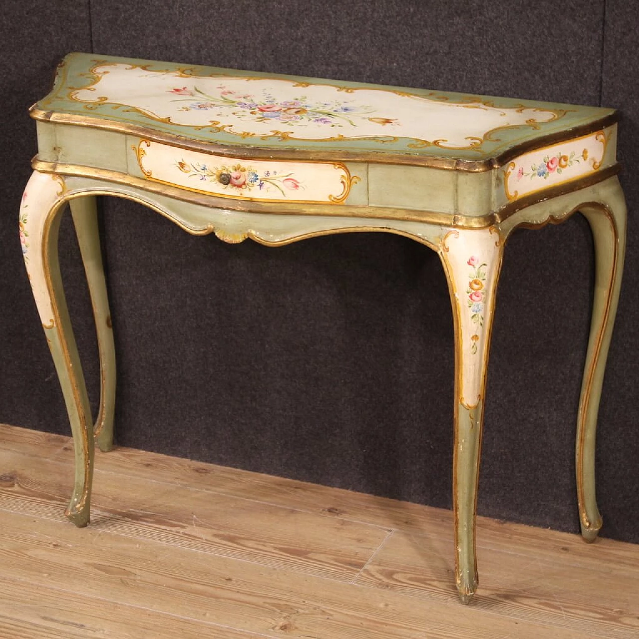 Venetian lacquered, gilded and painted wood console, 1970s 3