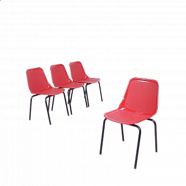 4 Sedie in ferro e plastica rossa di MIM Roma, anni '60
