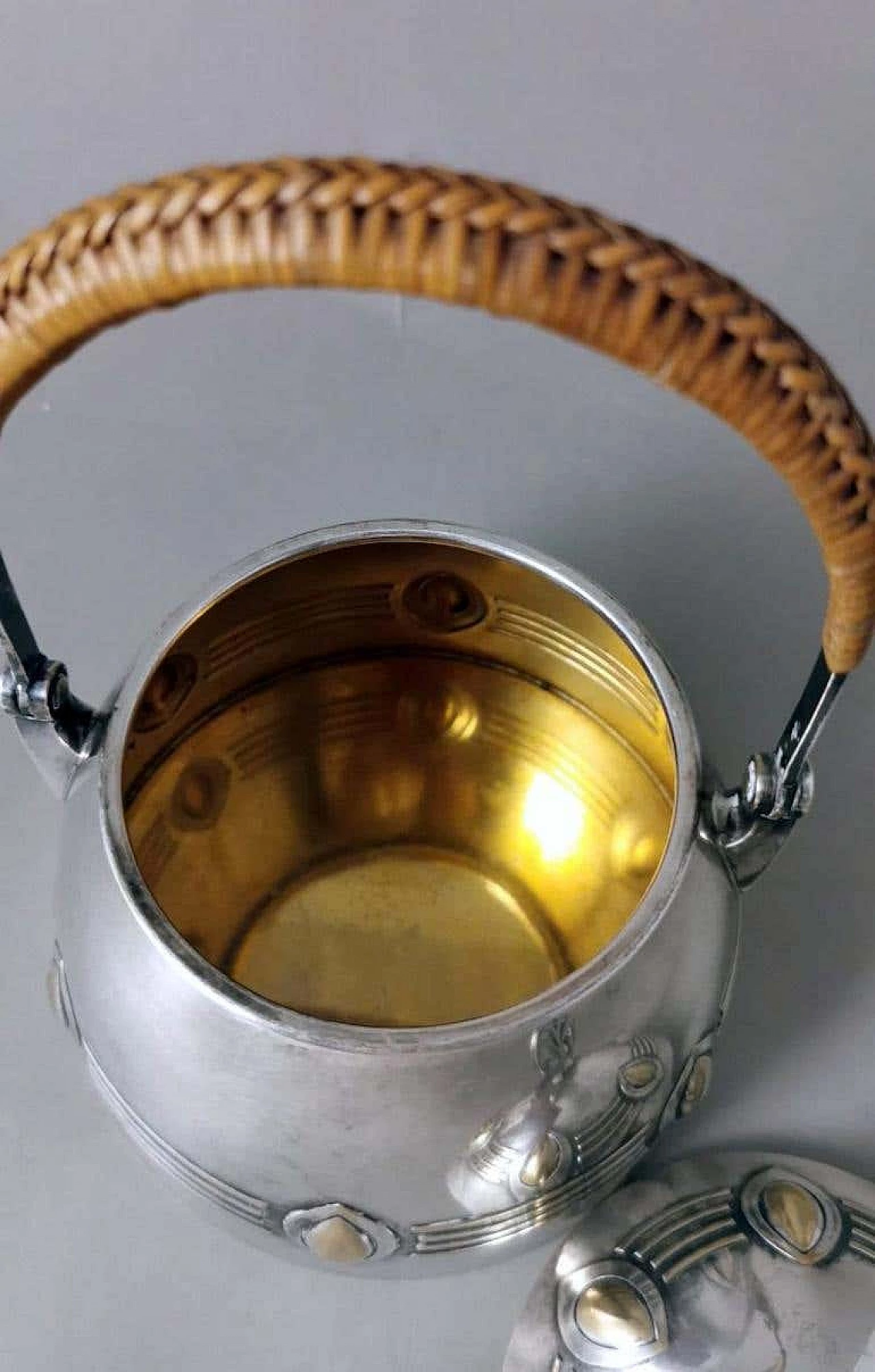 Silver-plated metal sugar bowl with raffia handle by WMF, early 20th century 11