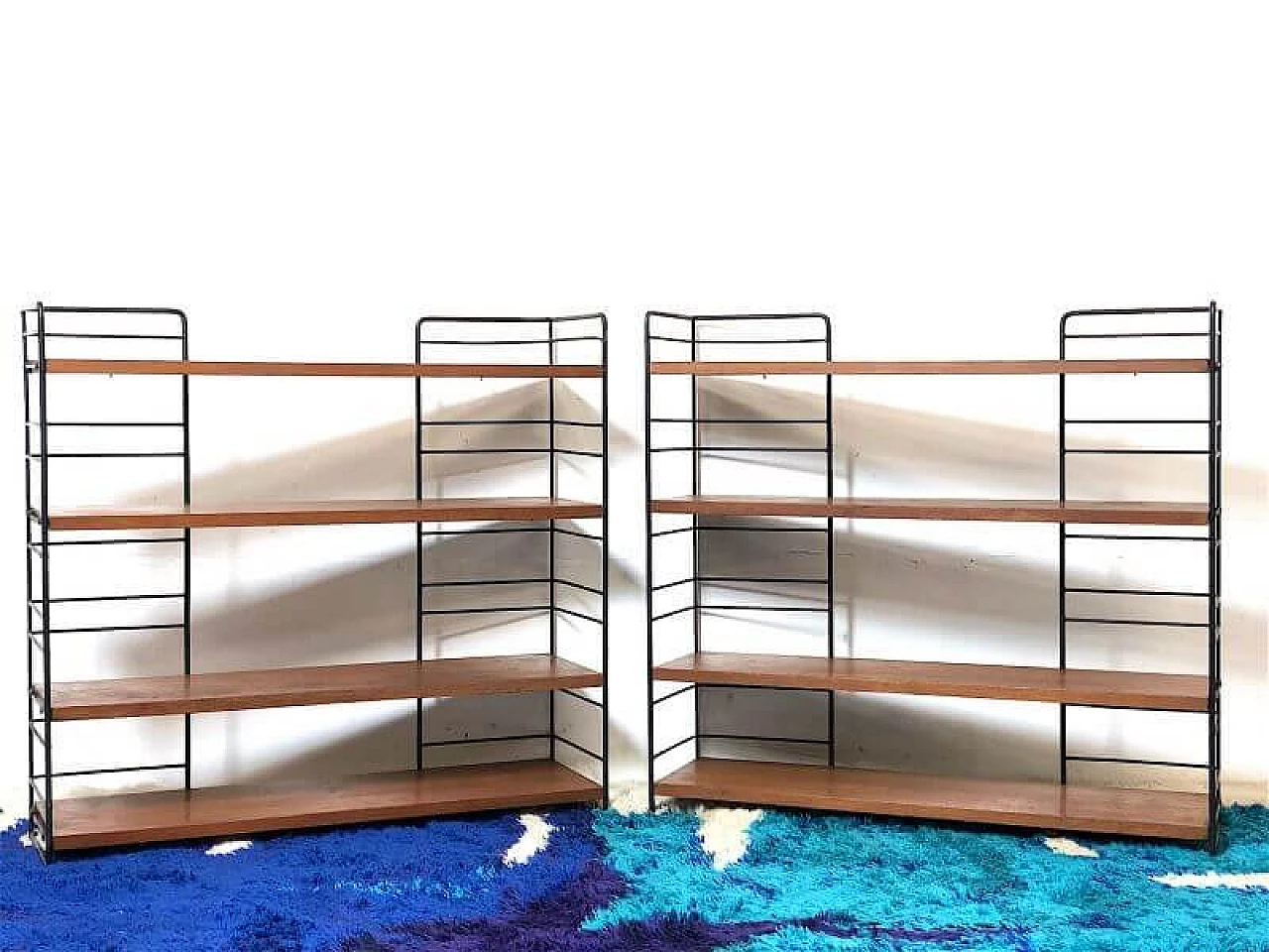 Pair of modular bookcases in solid wood teak veneer and metal, 1960s 2