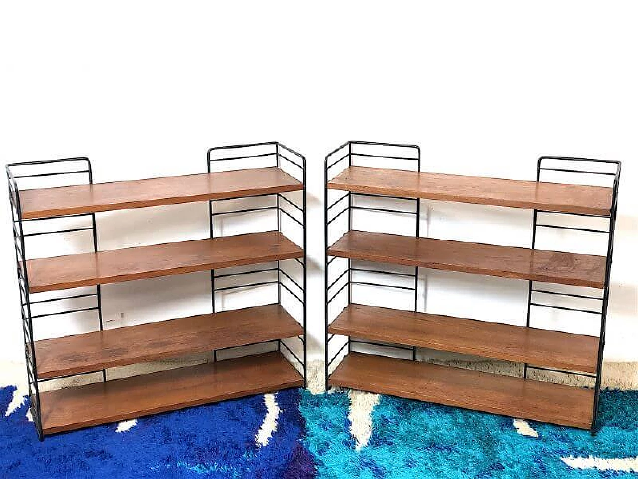 Pair of modular bookcases in solid wood teak veneer and metal, 1960s 3