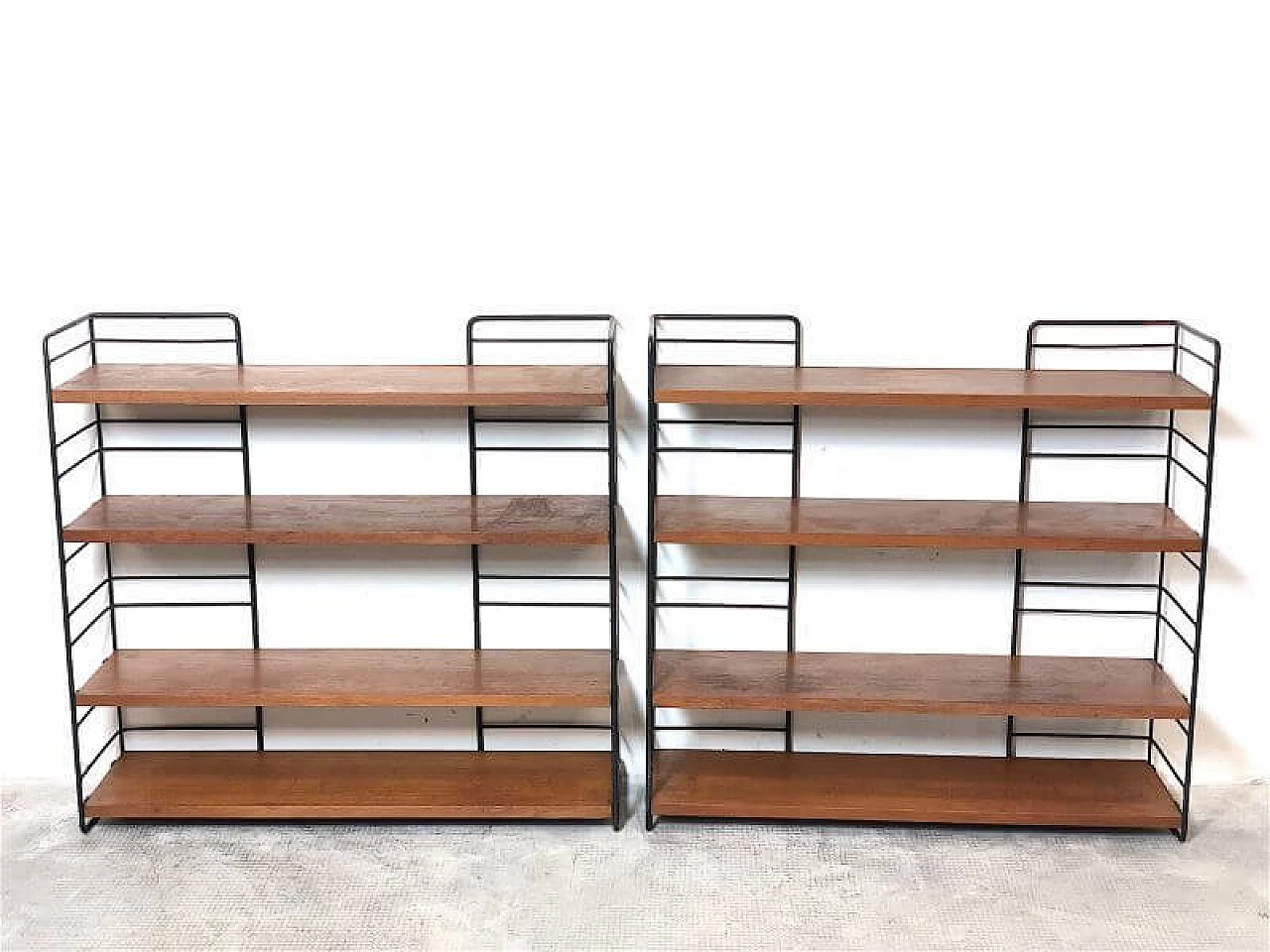 Pair of modular bookcases in solid wood teak veneer and metal, 1960s 7