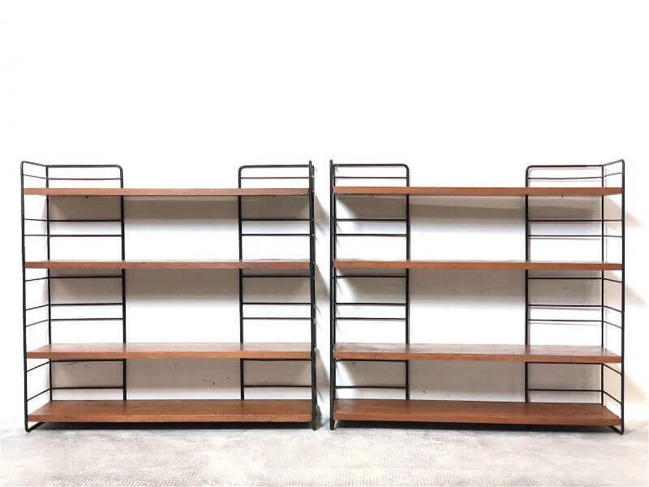 Pair of modular bookcases in solid wood teak veneer and metal, 1960s 10