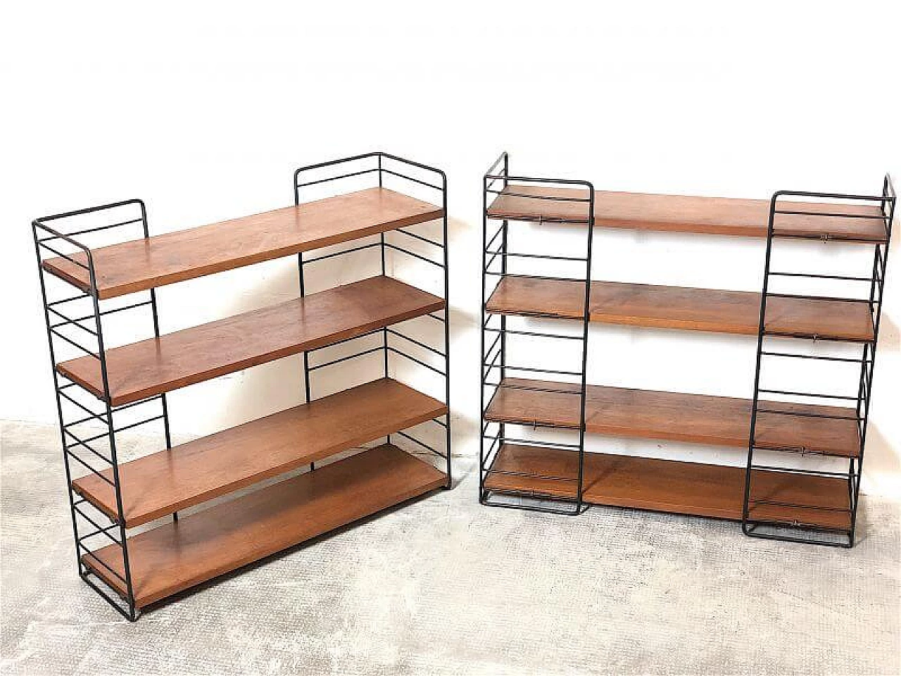 Pair of modular bookcases in solid wood teak veneer and metal, 1960s 12