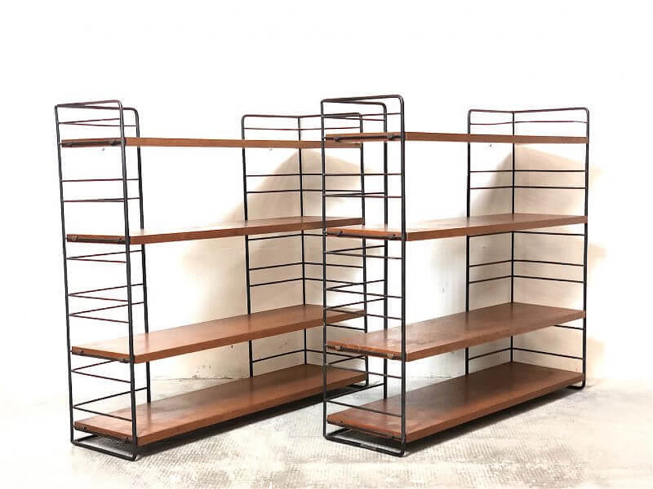 Pair of modular bookcases in solid wood teak veneer and metal, 1960s 13