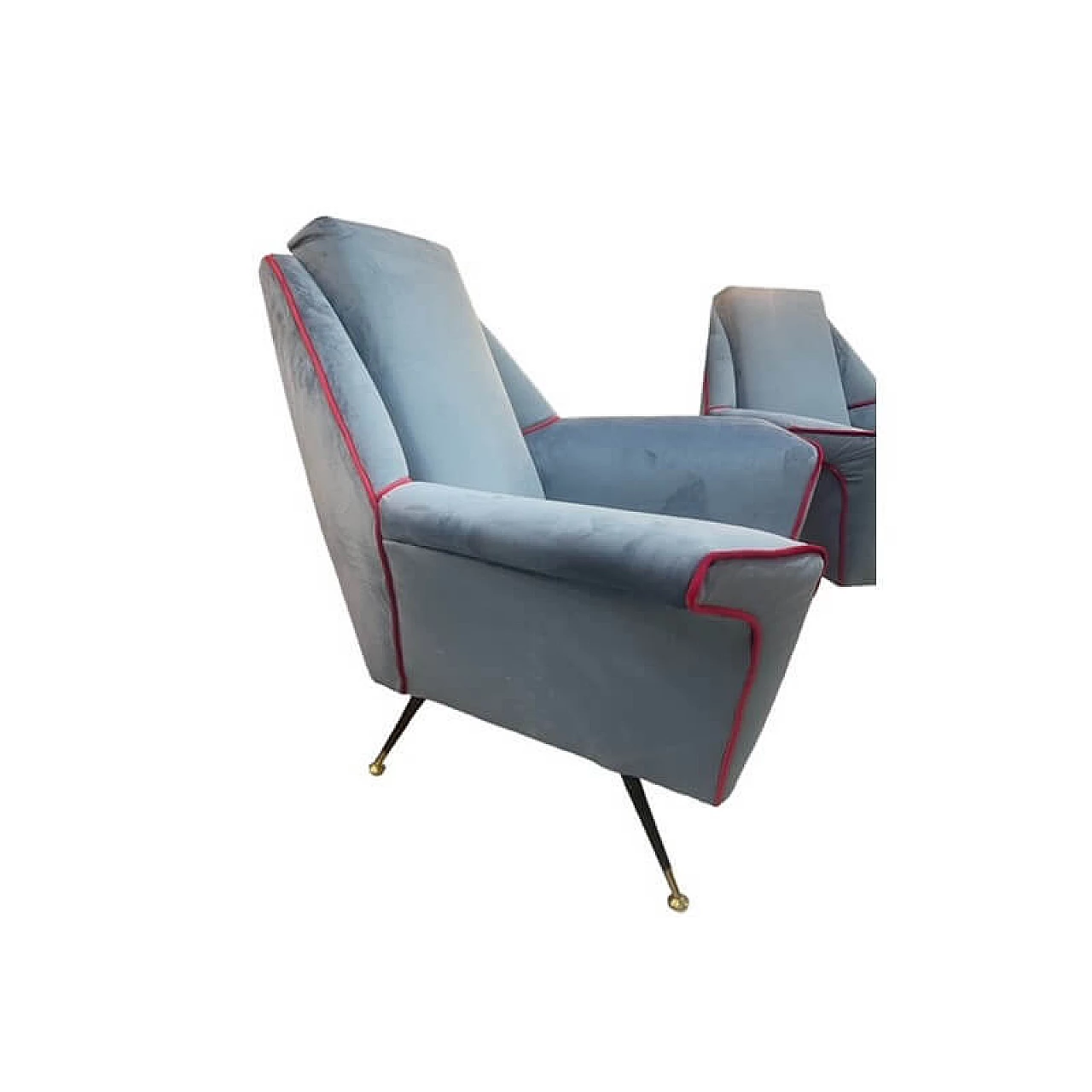 Coppia di poltrone in velluto con gambe in metallo e ottone, anni '50 4