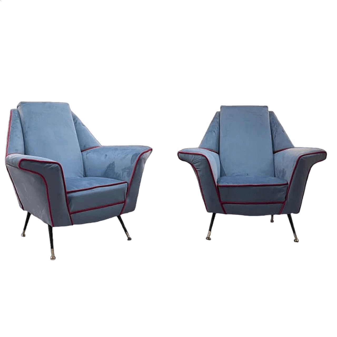 Coppia di poltrone in velluto con gambe in metallo e ottone, anni '50 11
