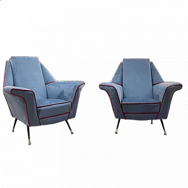 Pair of velvet armchairs with metal and brass legs, 1950s