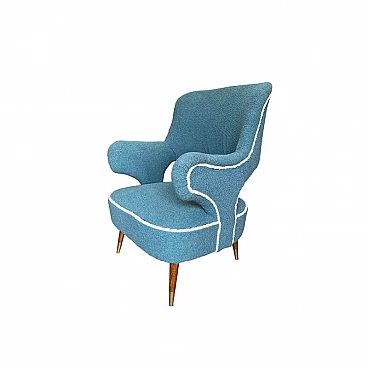 Light blue bouclé armchair with conical wooden legs, 1950s