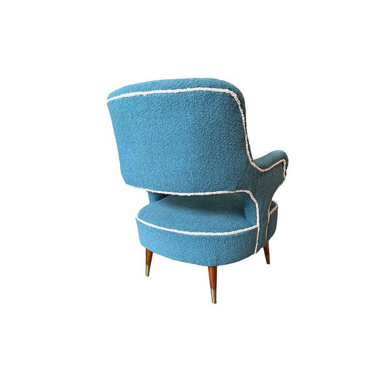 Light blue bouclé armchair with conical wooden legs, 1950s 2