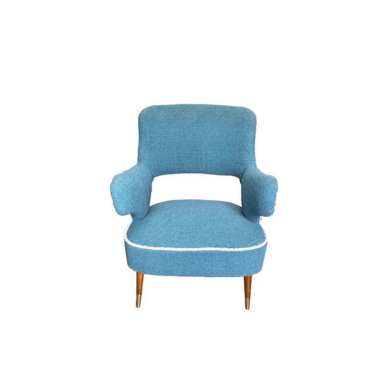 Light blue bouclé armchair with conical wooden legs, 1950s 3