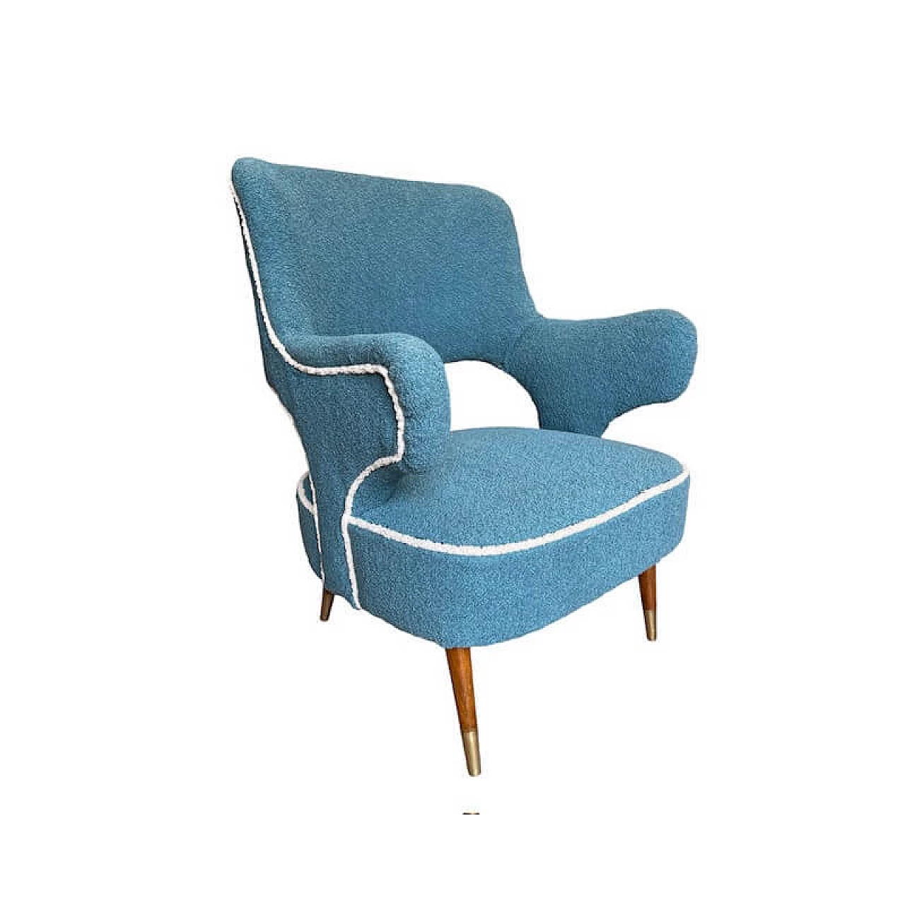 Light blue bouclé armchair with conical wooden legs, 1950s 4
