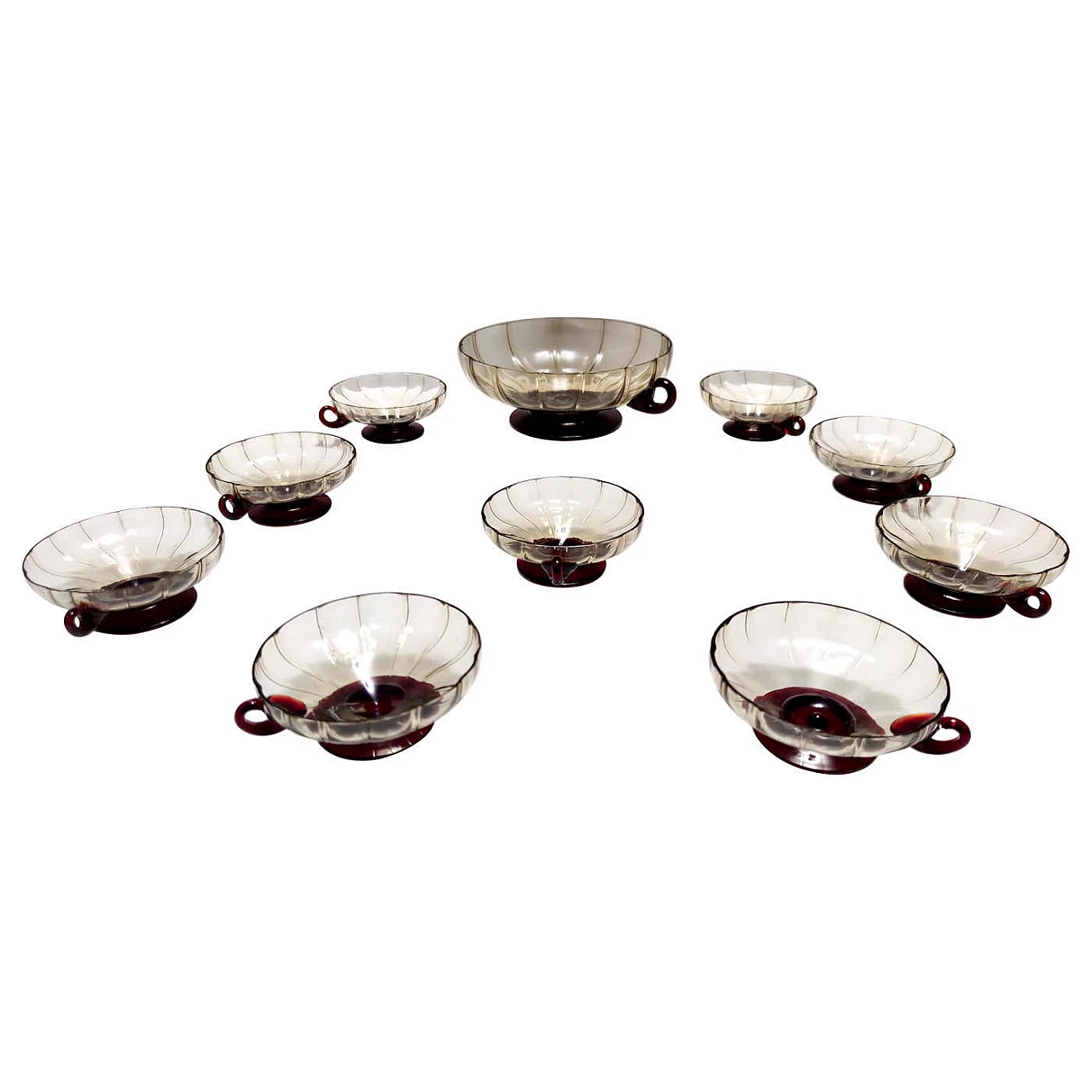 10 Coppe da dessert in vetro di Murano fumé e cremisi nello stile di Zecchin, anni '20 1